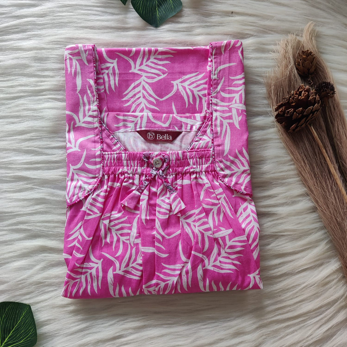 Pink Leaf Printed Premium Cotton Front Elastic Pleated Nighty | Free Size | Chest Width 44″| Length 56″