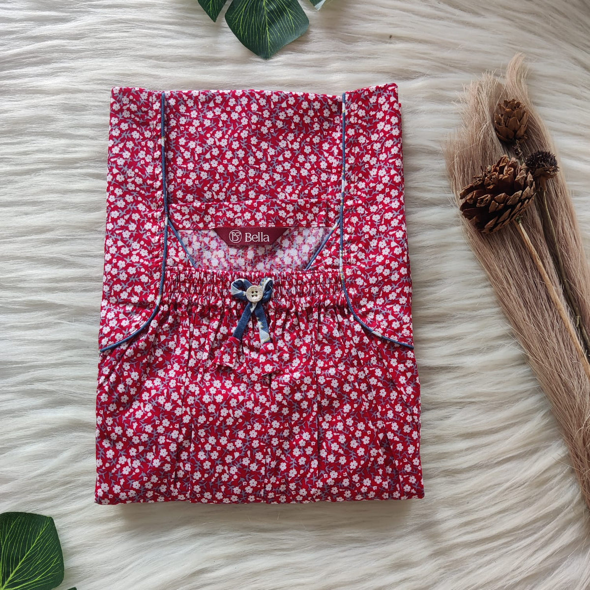 Maroon Floral Printed Premium Cotton Front Elastic Pleated Nighty | Free Size | Chest Width 44″| Length 56″