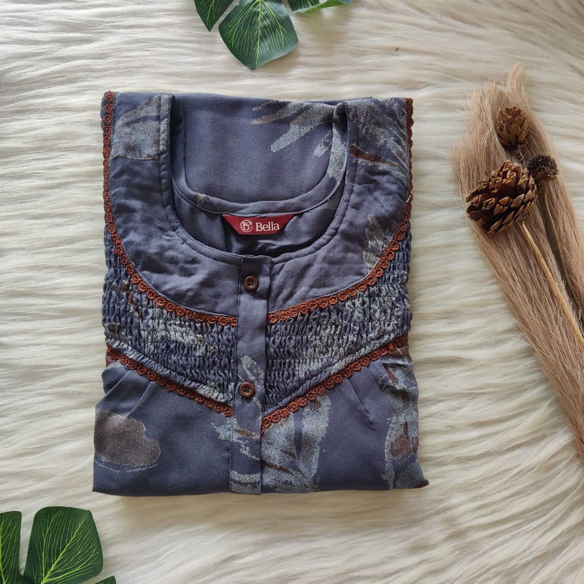 Grey Printed Alfine Smoke Lace Button Nighty | Free Size | Chest Width 44″| Length 54″-56″