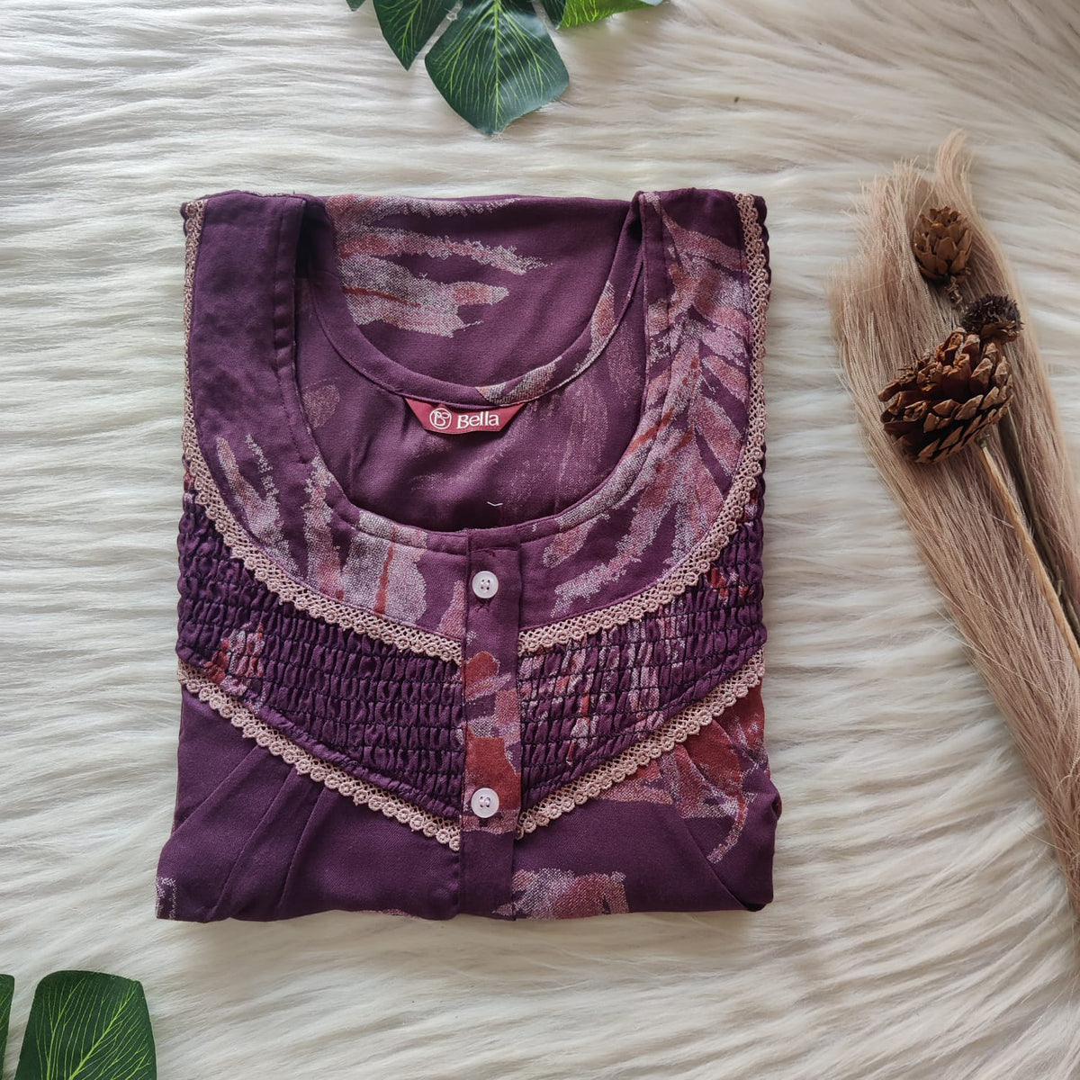 Wine Printed Alfine Smoke Lace Button Nighty | Free Size | Chest Width 44″| Length 54″-56″