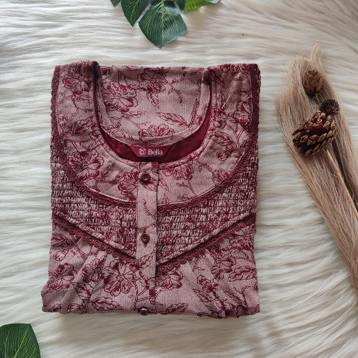 White Printed Maroon Alfine Smoke Lace Button Nighty | Free Size | Chest Width 44″| Length 54″-56″