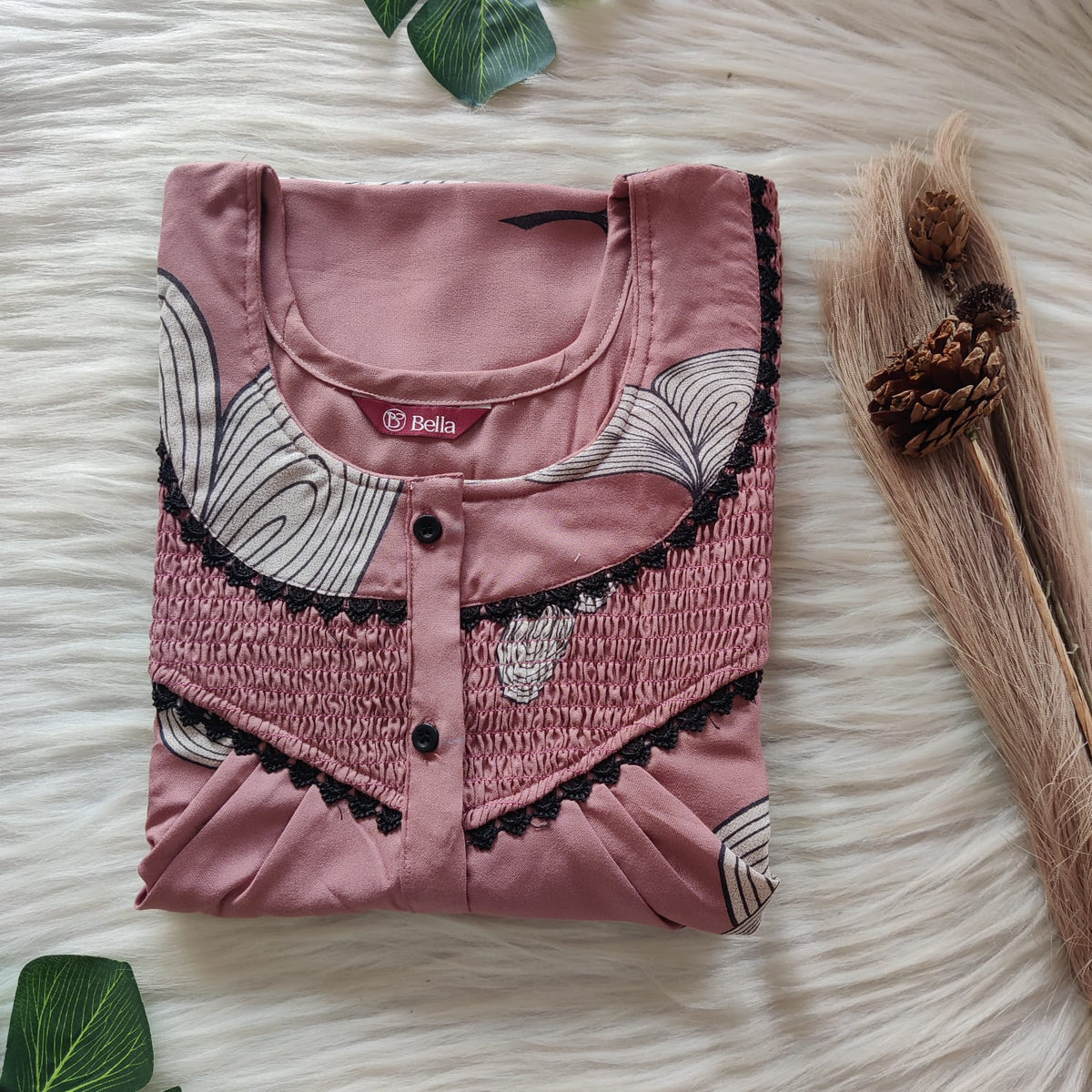 Pastel Pink Printed Alfine Smoke Lace Button Nighty | Free Size | Chest Width 44″| Length 54″-56″