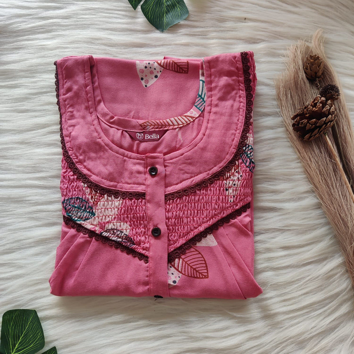 Pink Printed Alfine Smoke Lace Button Nighty | Free Size | Chest Width 44″| Length 54″-56″