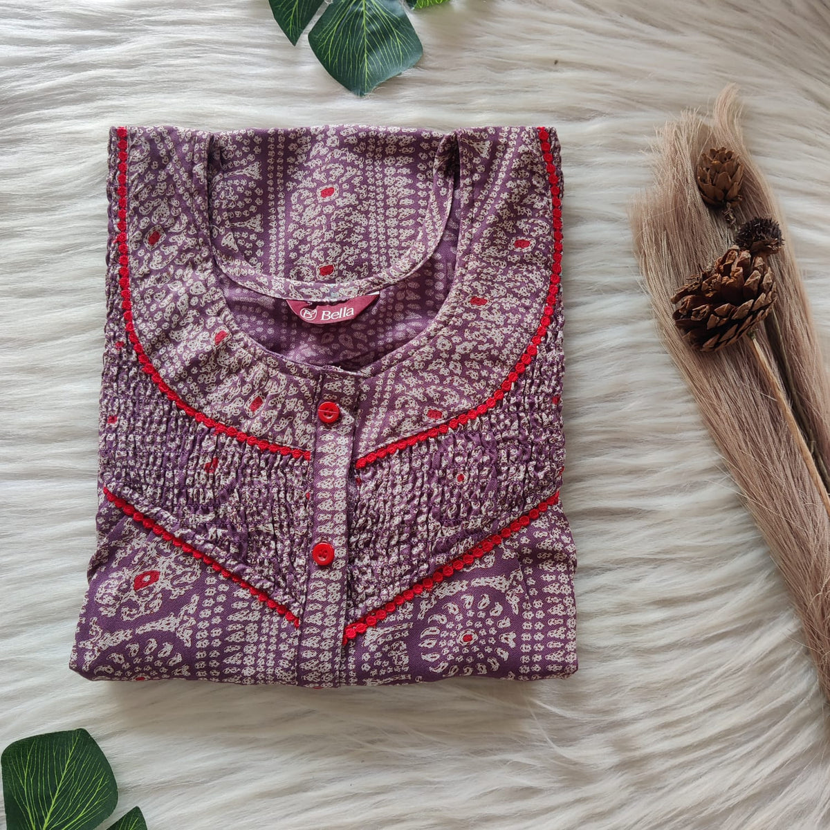 Pale Purple Printed Alfine Smoke Lace Button Nighty | Free Size | Chest Width 44″| Length 54″-56″