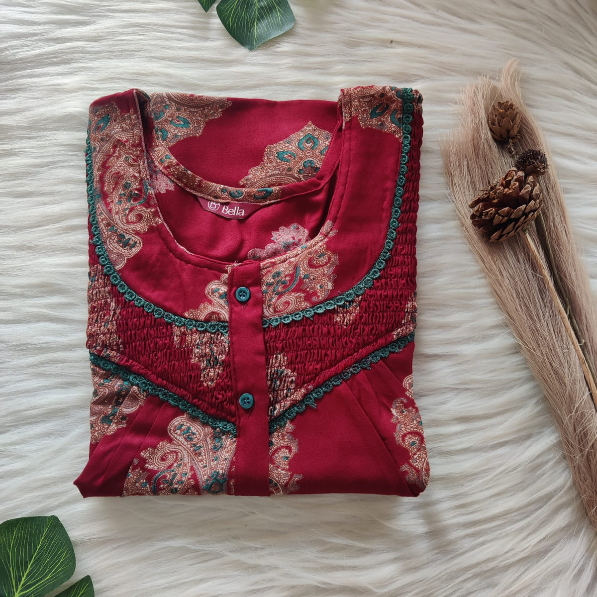 Maroon Printed Alfine Smoke Lace Button Nighty | Free Size | Chest Width 44″| Length 54″-56″