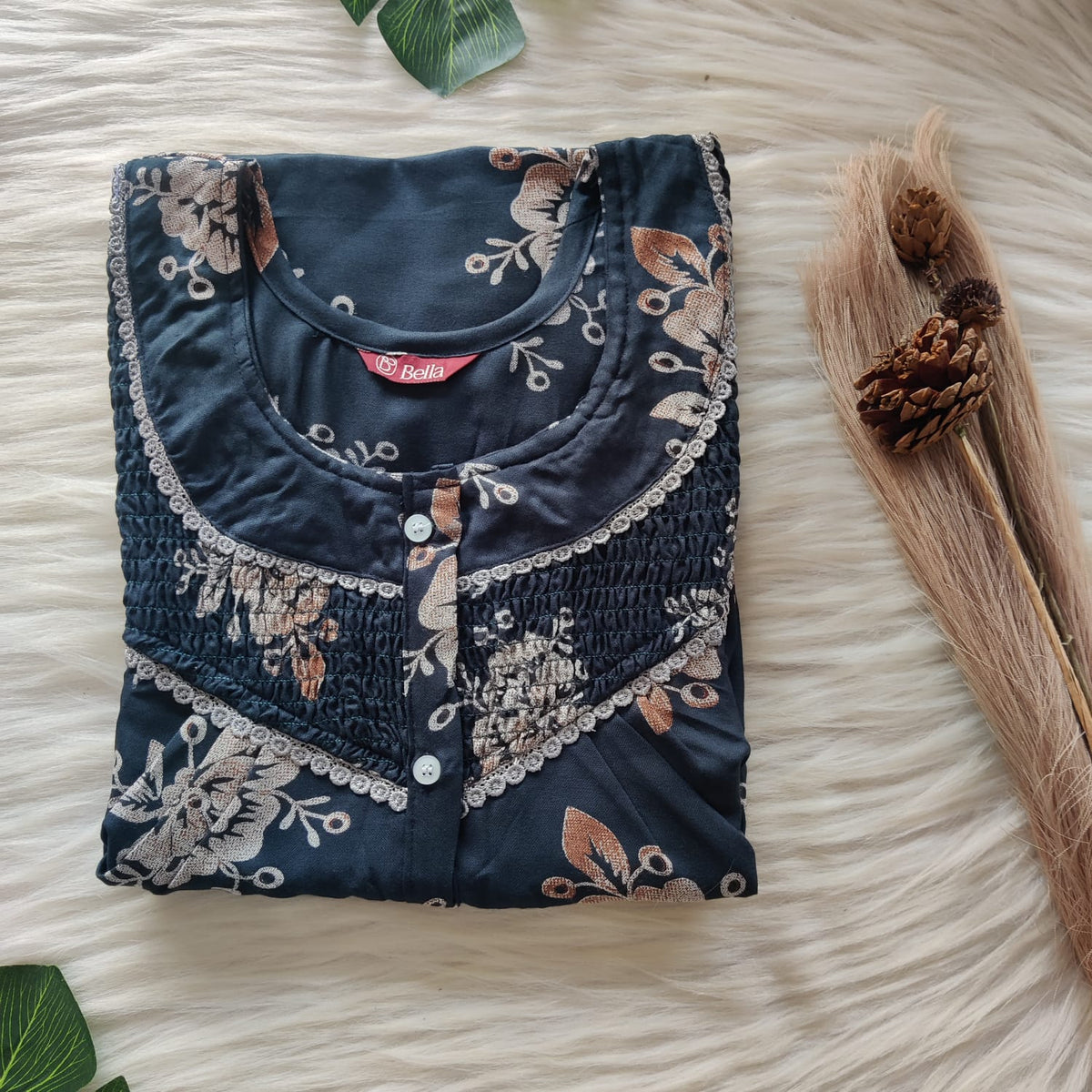 Green Printed Alfine Smoke Lace Button Nighty | Free Size | Chest Width 44″| Length 54″-56″