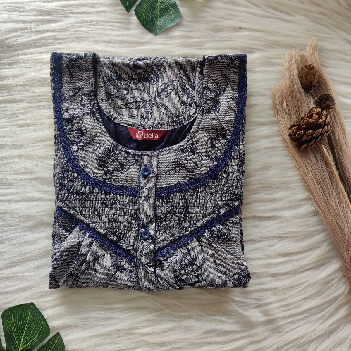 White Printed Navy Blue Alfine Smoke Lace Button Nighty | Free Size | Chest Width 44″| Length 54″-56″