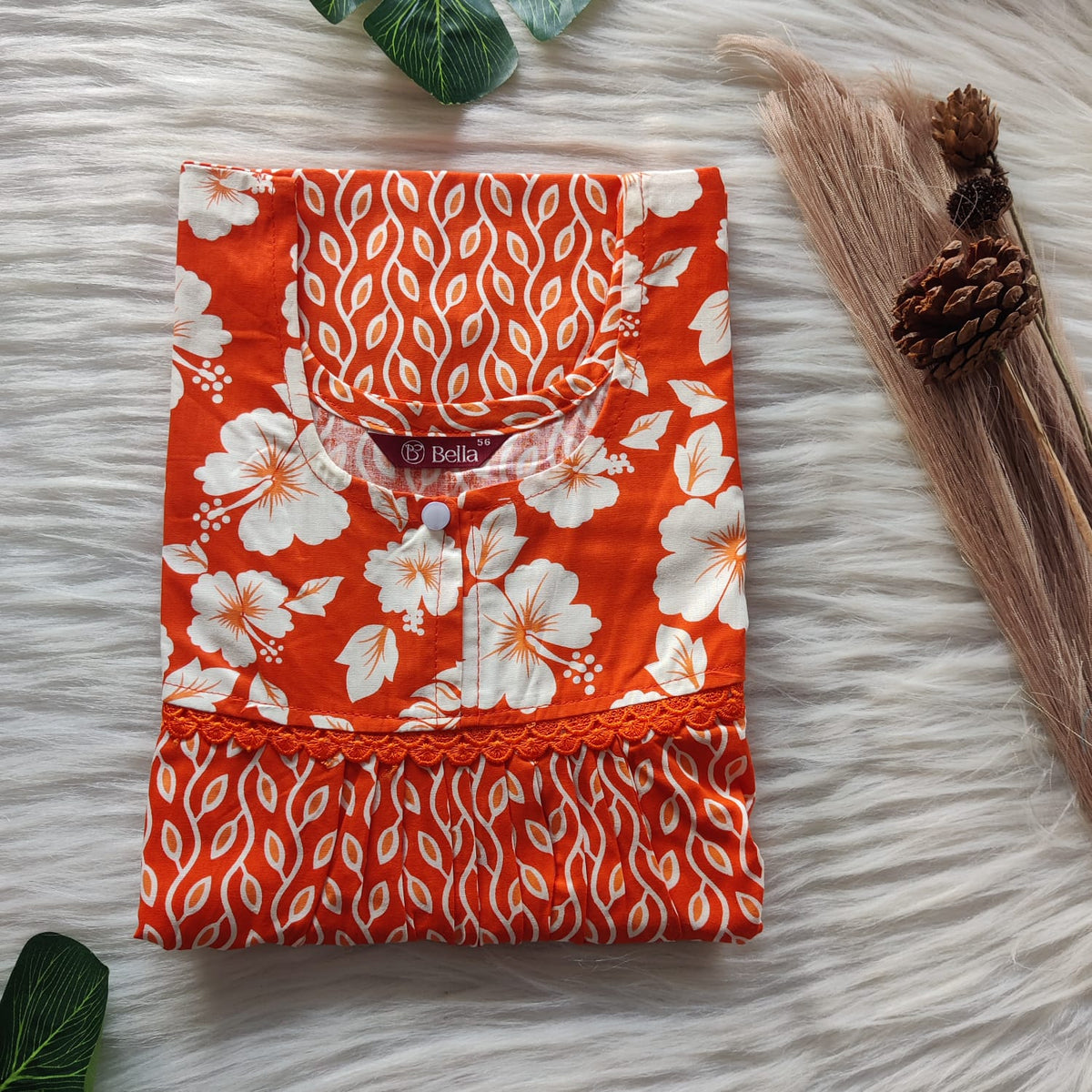 White And Orange Printed Premium Cotton Lace Nighty | Free Size | Chest Width 44″| Length 54″-56″