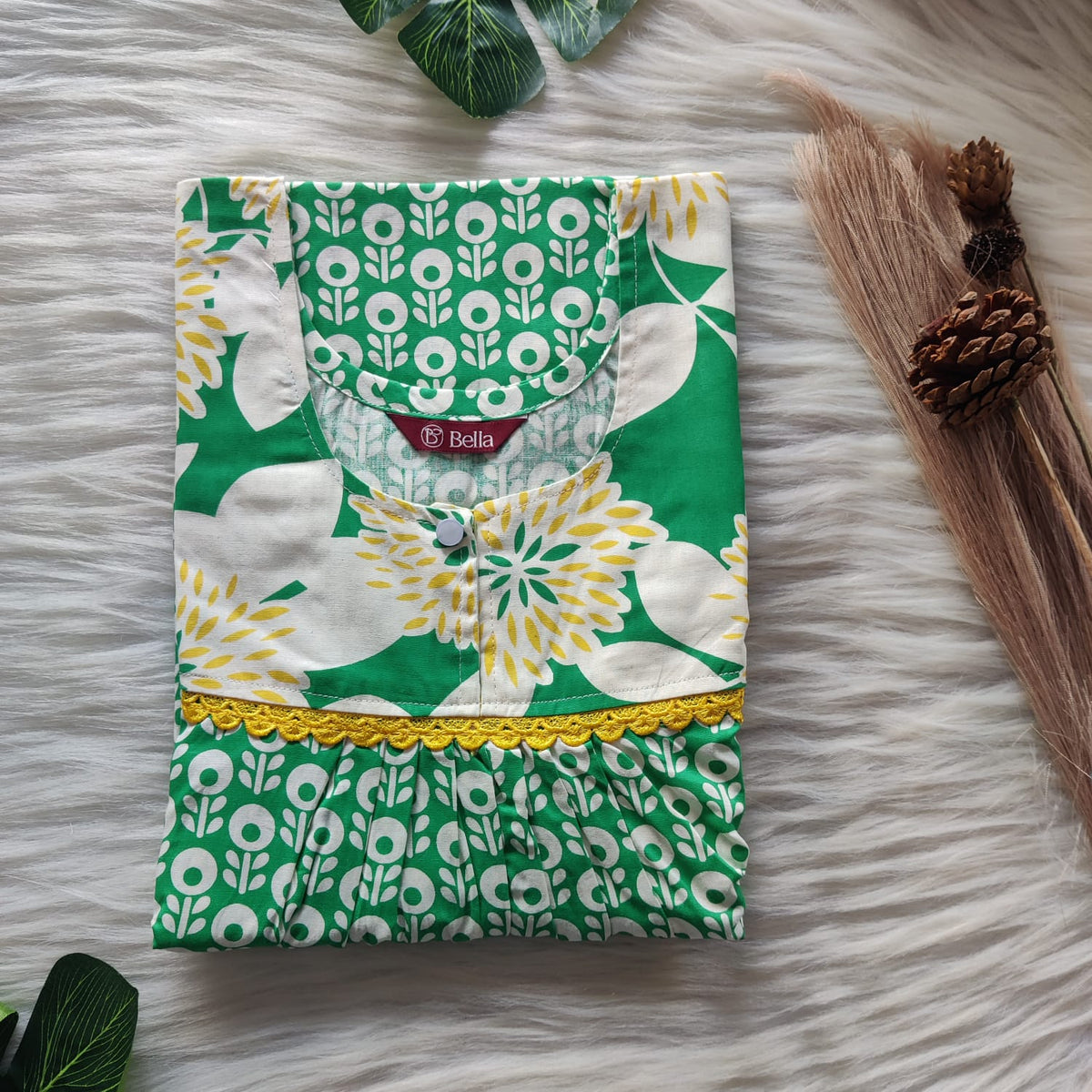 Yellow And Green Printed Premium Cotton Lace Nighty | Free Size | Chest Width 44″| Length 54″-56″