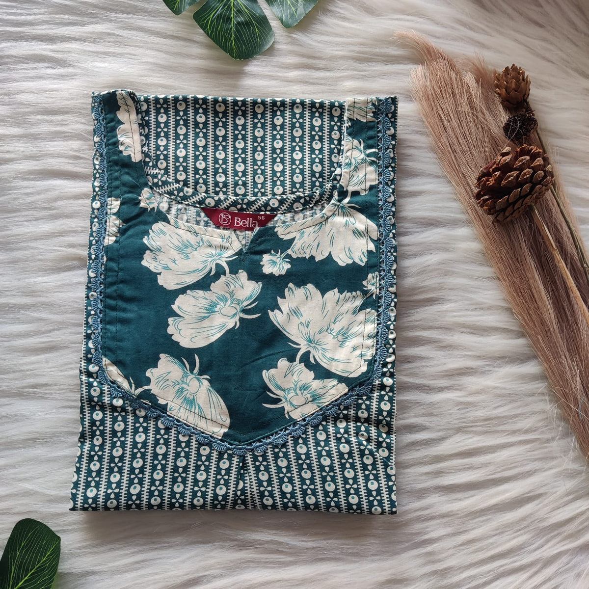 White And Teal Green Printed Premium Cotton Mix N Match Lace Pocket Nighty | Free Size | Chest Width 44″| Length 56″