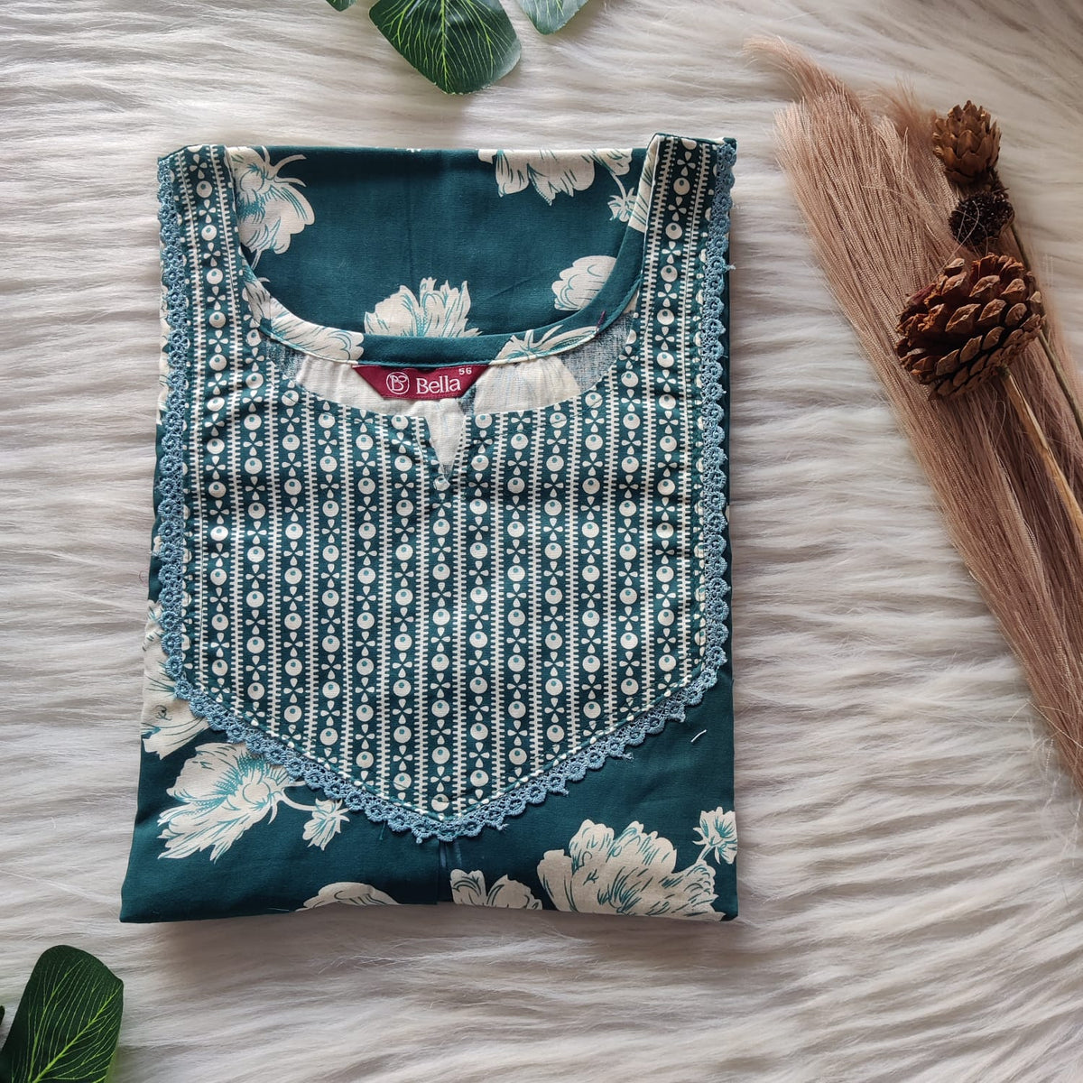 Teal Green And White Floral Printed Premium Cotton Mix N Match Lace Pocket Nighty | Free Size | Chest Width 44″| Length 56″