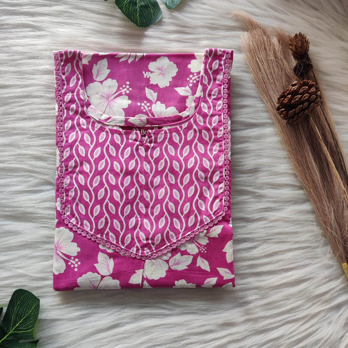 Pink And White Floral Printed Premium Cotton Mix N Match Lace Pocket Nighty | Free Size | Chest Width 44″| Length 56″