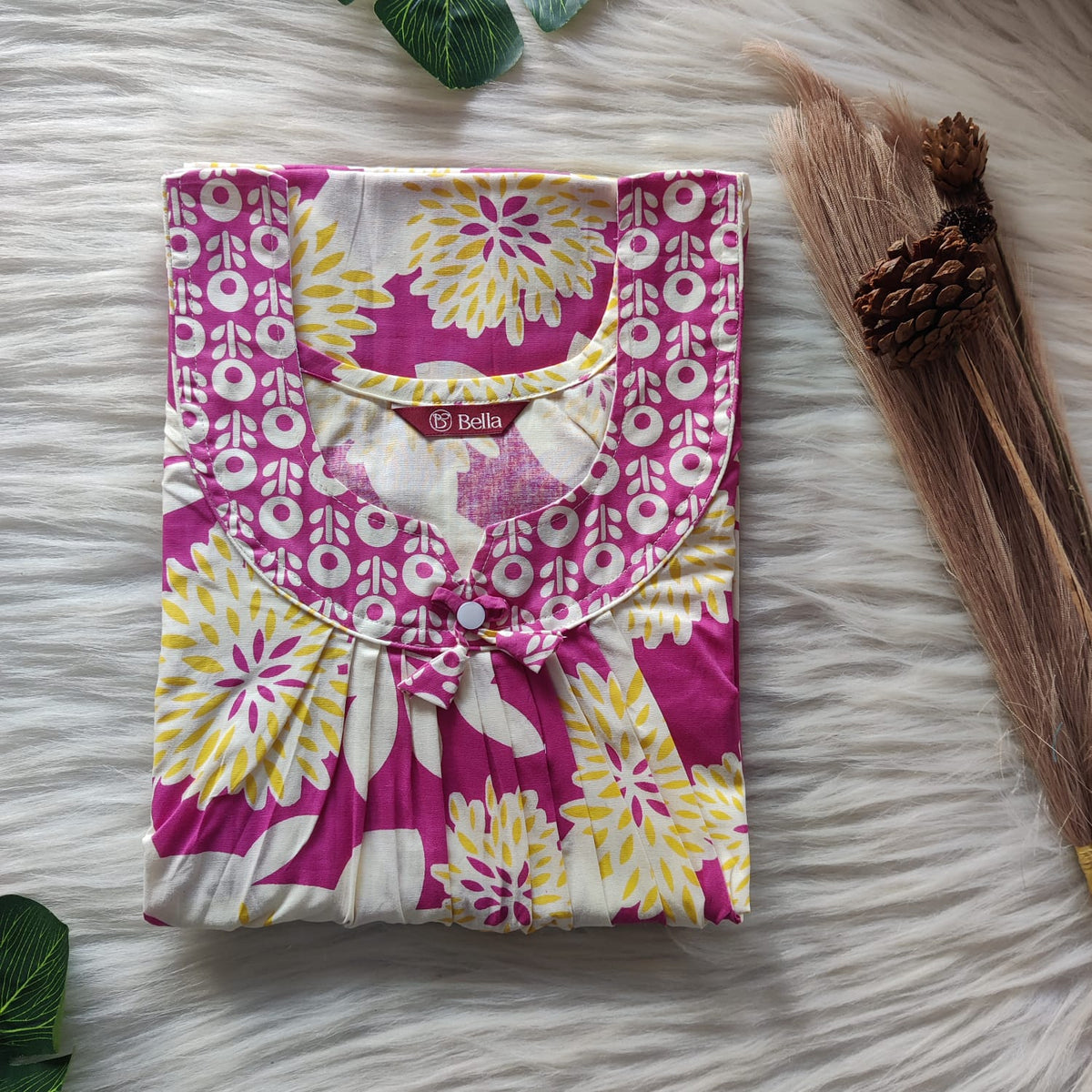 Pink And Yellow Floral Printed Premium Cotton No Zip Pleated Nighty | Free Size | Chest Width 44″| Length 55″-56″