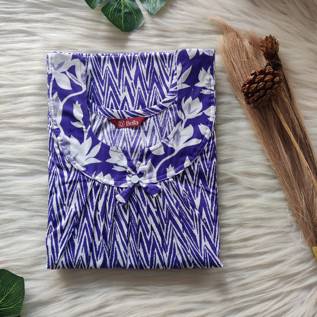 White And Violet Printed Premium Cotton No Zip Pleated Nighty | Free Size | Chest Width 44″| Length 55″-56″