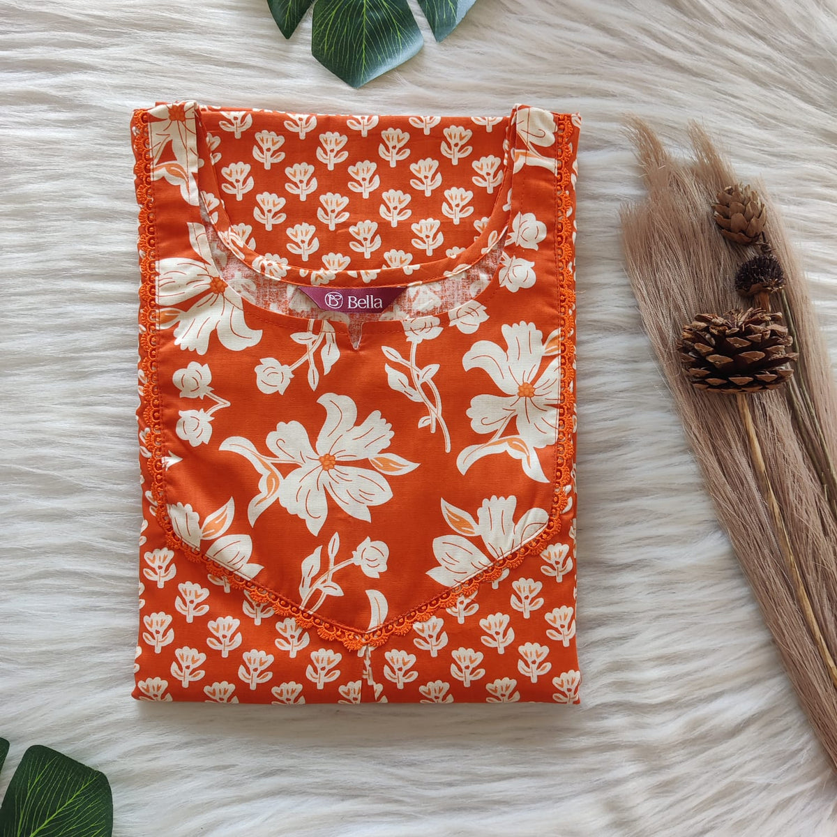 White And Orange Printed Premium Cotton Mix N Match Lace Pocket Nighty | Free Size | Chest Width 44″| Length 56″
