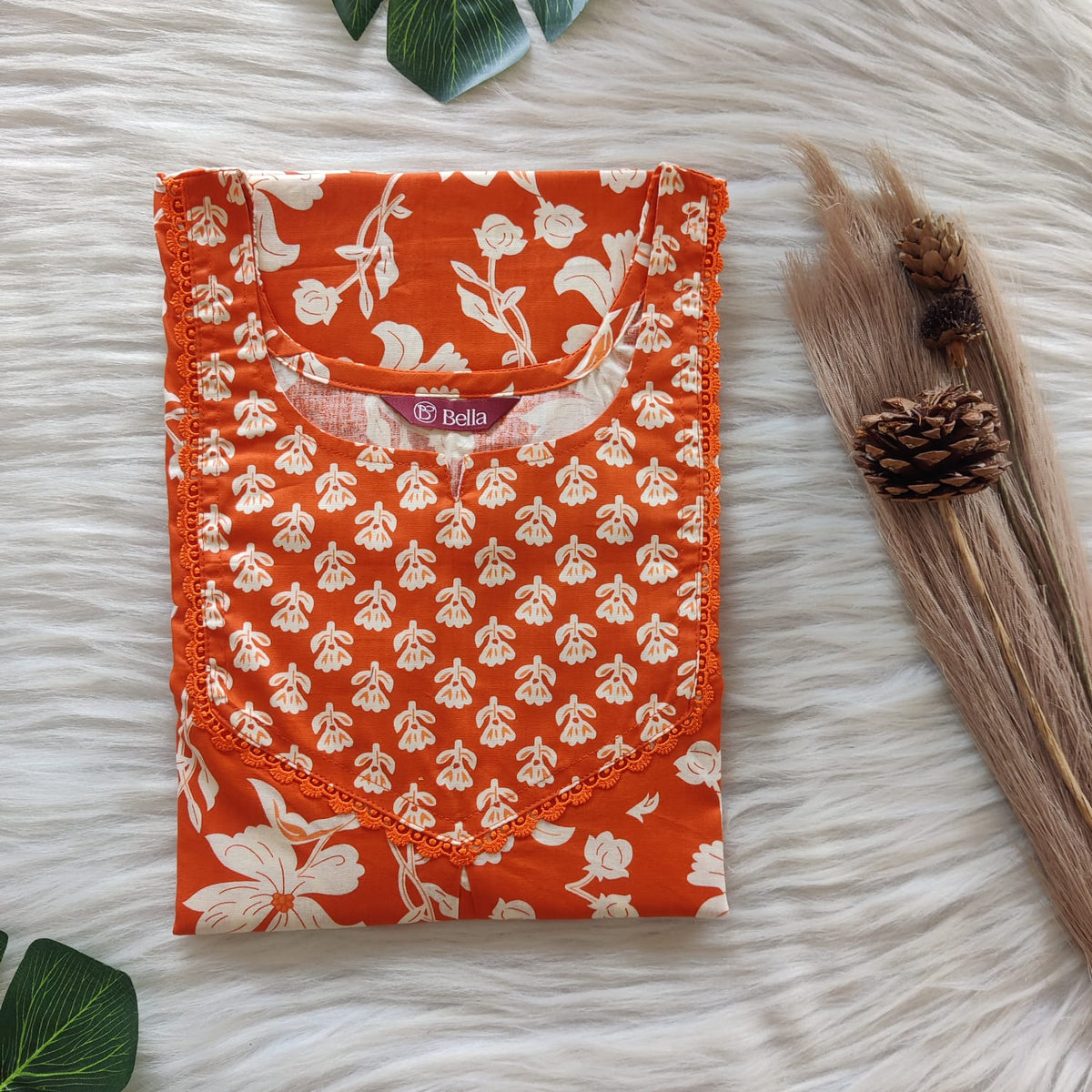 Orange And White Floral Printed Premium Cotton Mix N Match Lace Pocket Nighty | Free Size | Chest Width 44″| Length 56″