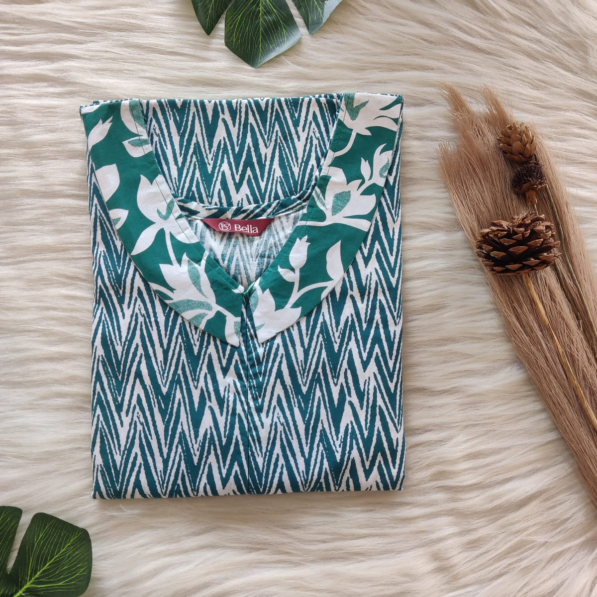 White And Green Printed Premium Cotton Peter Pan Collar Long Zip Feeding Nighty | Free Size | Chest Width 44″| Length 56″