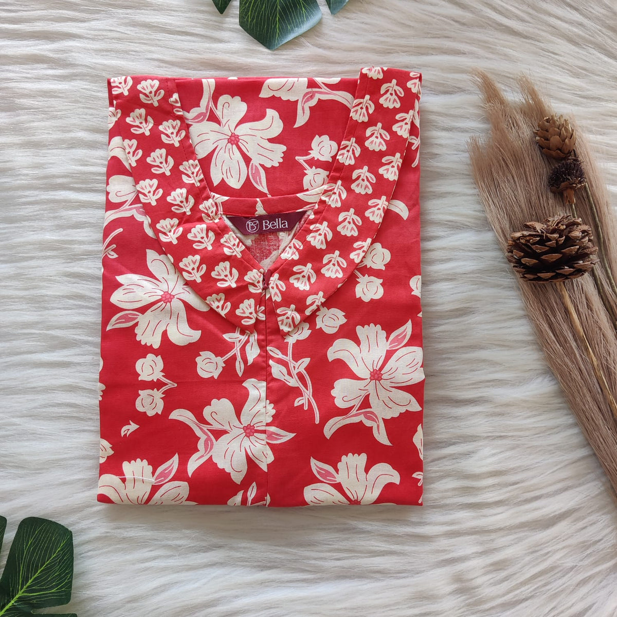 Red And White Floral Printed Premium Cotton Peter Pan Collar Long Zip Feeding Nighty | Free Size | Chest Width 44″| Length 56″