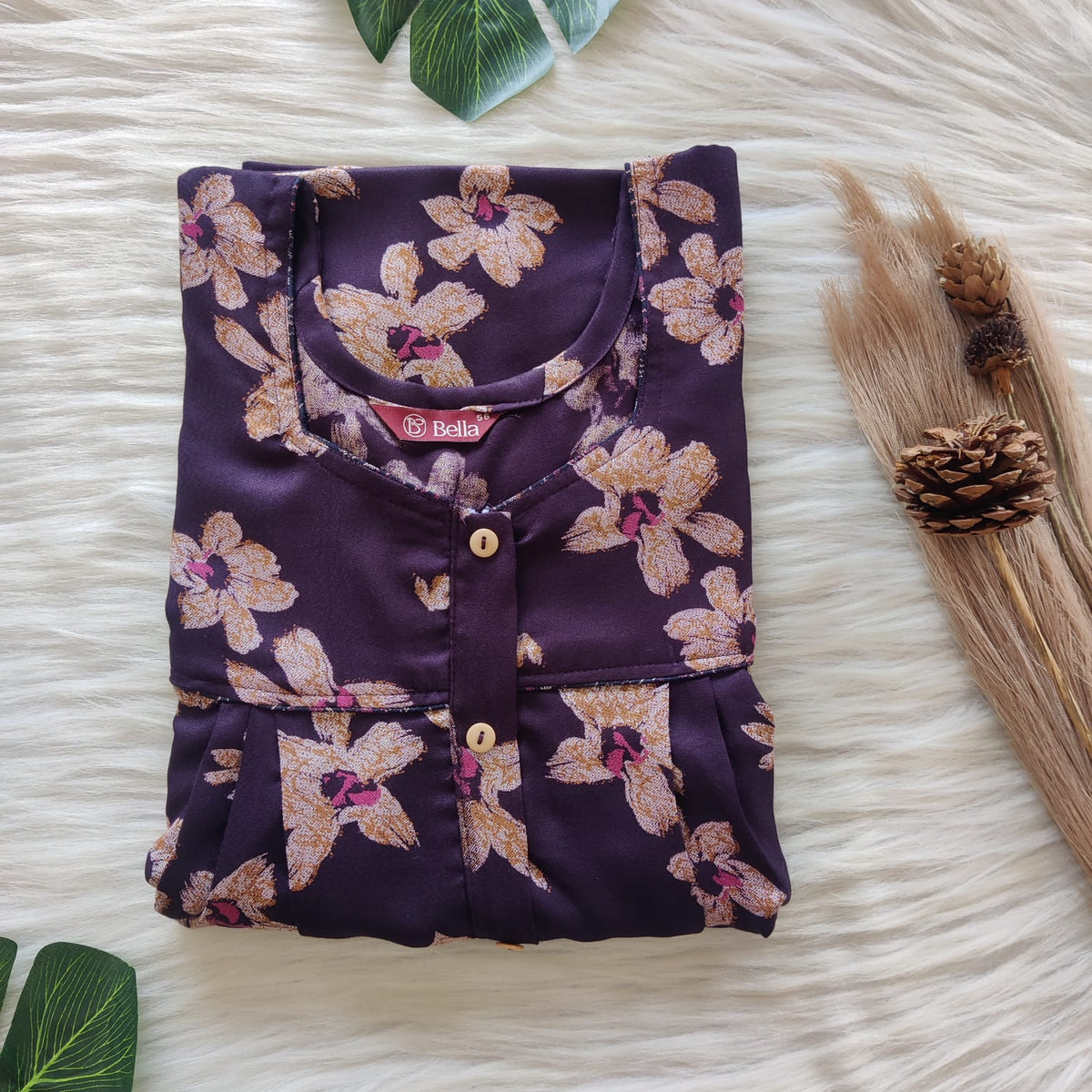 Yellow Floral Printed Wine Alfine Button Zip Nighty | Free Size | Chest Width 44″| Length 54″-56″