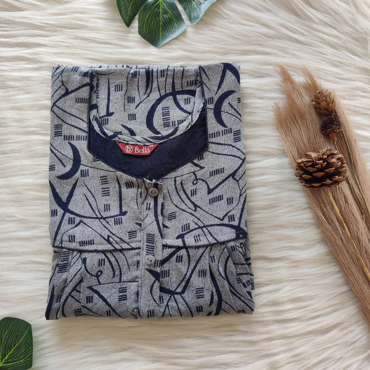 White Printed Navy Blue Alpine Plus Size Button Zip Nighty | Free Size | Chest Width 50″| Length 55″-56″