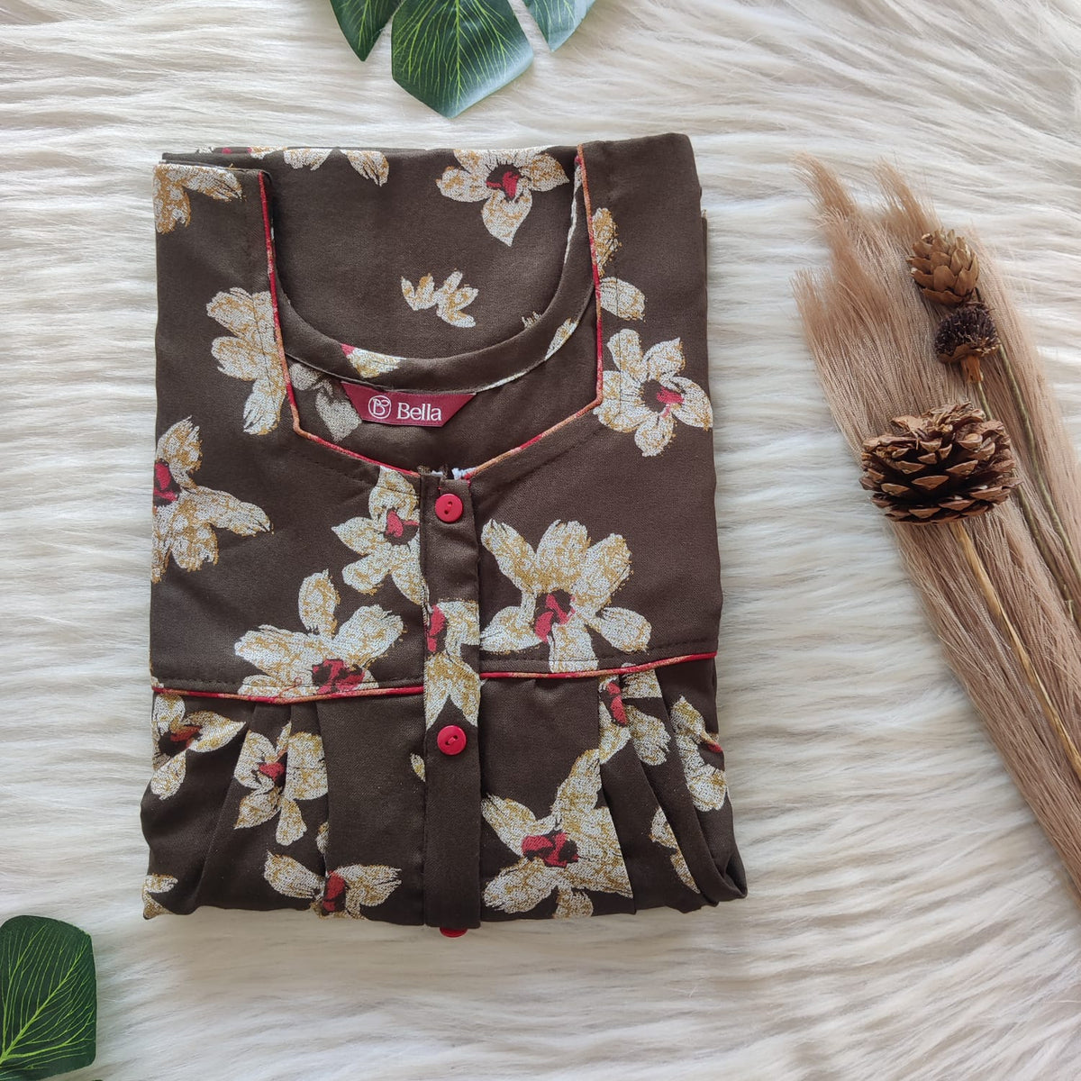 Olive Green Floral Printed Alfine Button Zip Nighty | Free Size | Chest Width 44″| Length 54″-56″