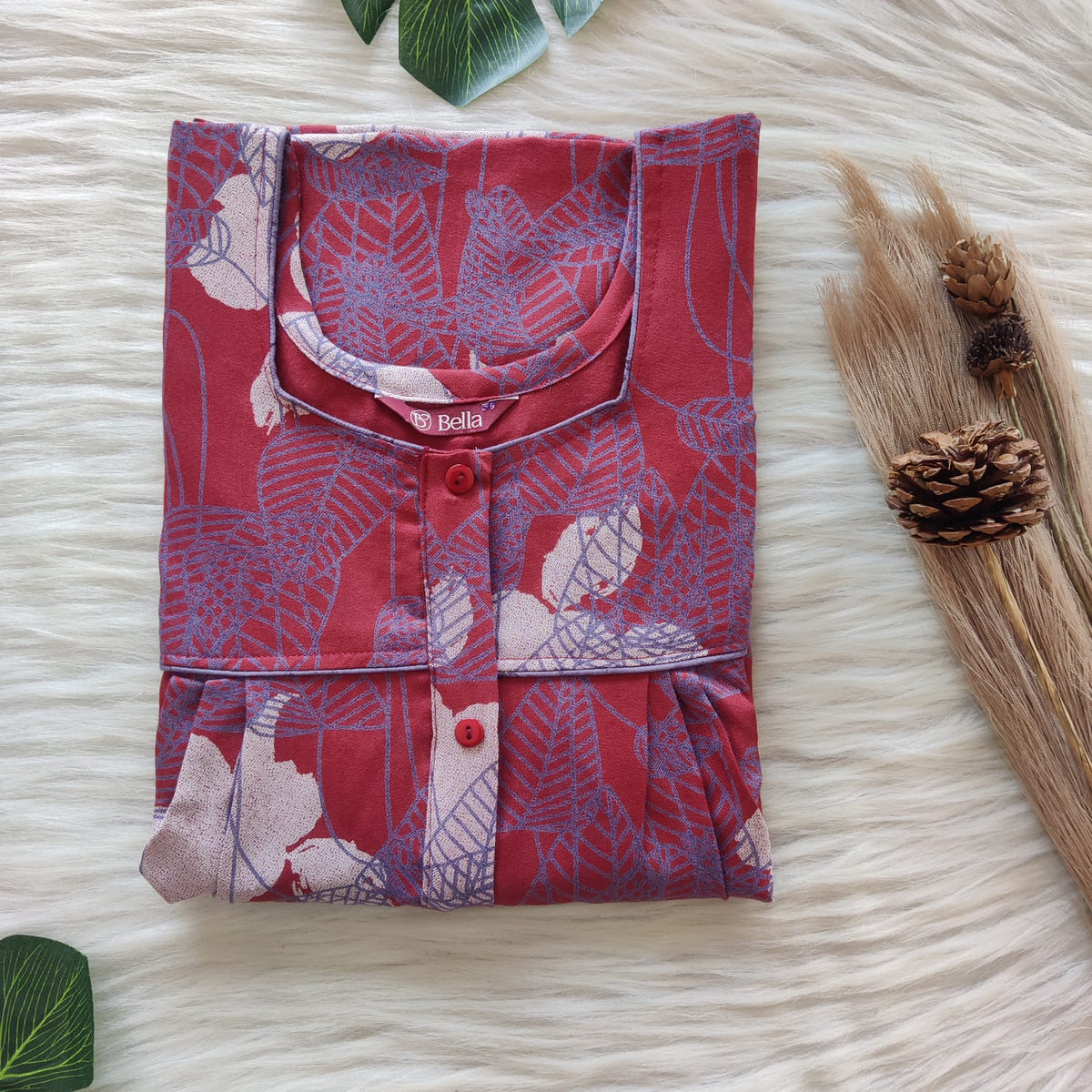 Beetroot Red Printed Alfine Button Zip Nighty | Free Size | Chest Width 44″| Length 54″-56″