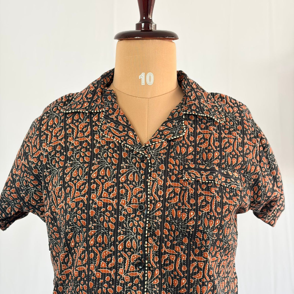Black Printed Kantha Cotton Shirt Pyjama Set | Free Size |