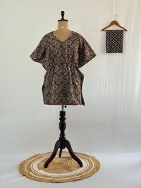 Black Ajrakh Printed Kantha Cotton Feeding Kaftan Loungewear Pyjama Set | Free Size