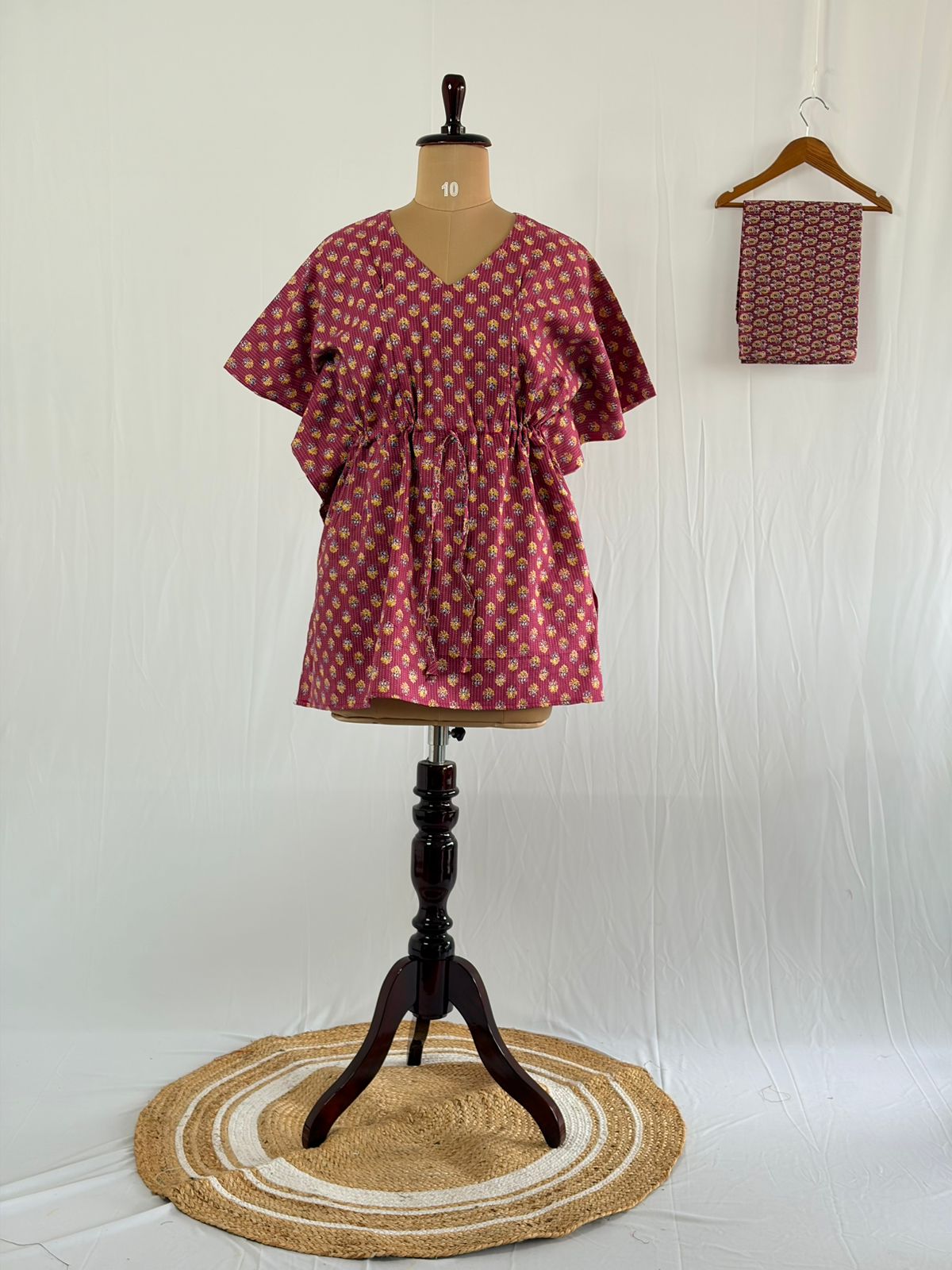 Mauve Floral Printed Kantha Cotton Feeding Kaftan Loungewear Pyjama Set | Free Size
