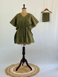 Green Floral Printed Kantha Cotton Feeding Kaftan Loungewear Pyjama Set | Free Size