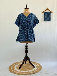Blue Floral Printed Kantha Cotton Feeding Kaftan Loungewear Pyjama Set | Free Size