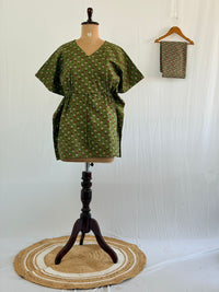 Red And White Floral Printed Green Kantha Cotton Feeding Kaftan Loungewear Pyjama Set | Free Size