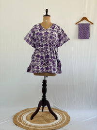 Purple Floral Printed White Kantha Cotton Feeding Kaftan Loungewear Pyjama Set | Free Size