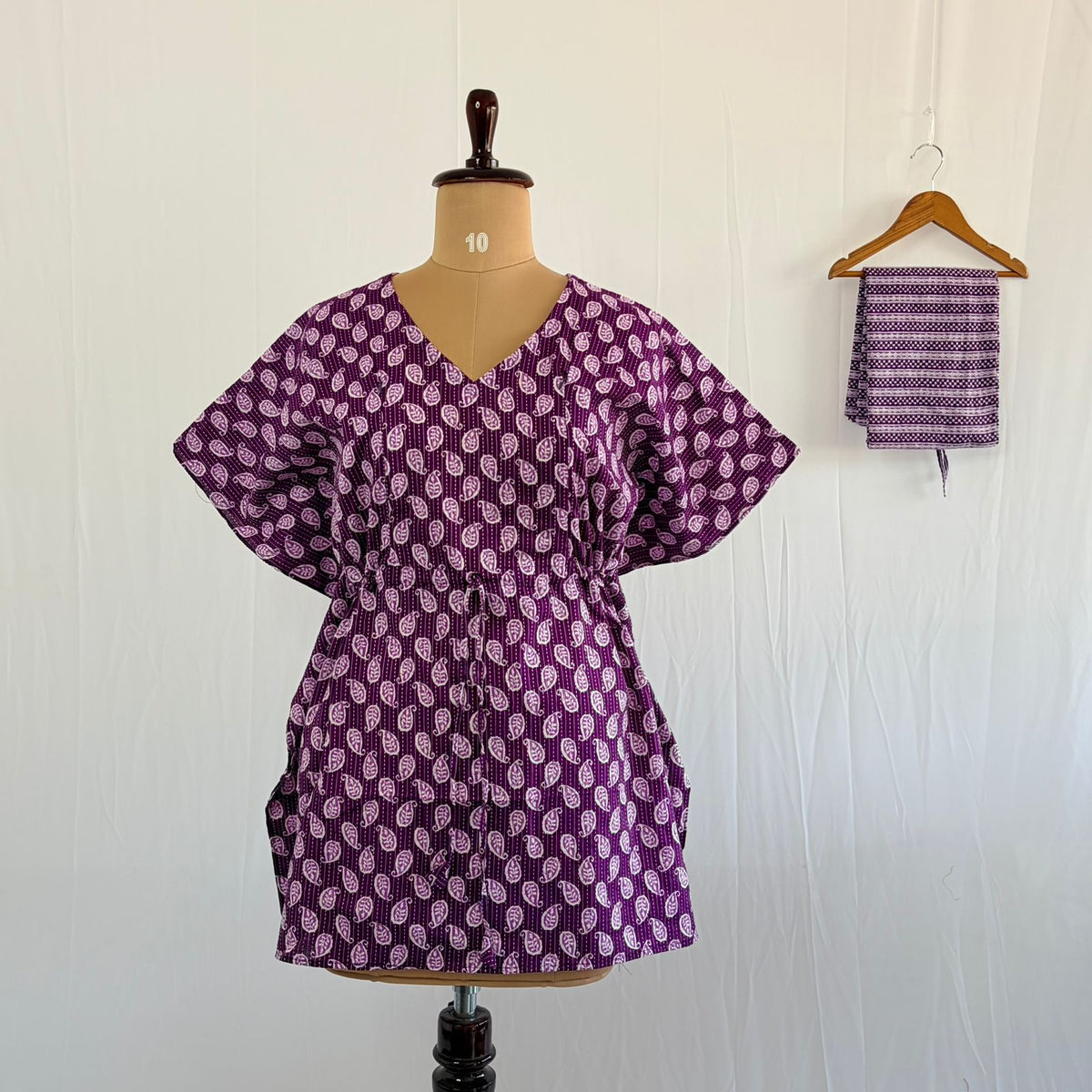 Purple Kalamkari Printed Kantha Cotton Feeding Kaftan Loungewear Pyjama Set | Free Size