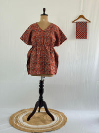 Maroon Ajrakh Printed Kantha Cotton Feeding Kaftan Loungewear Pyjama Set | Free Size