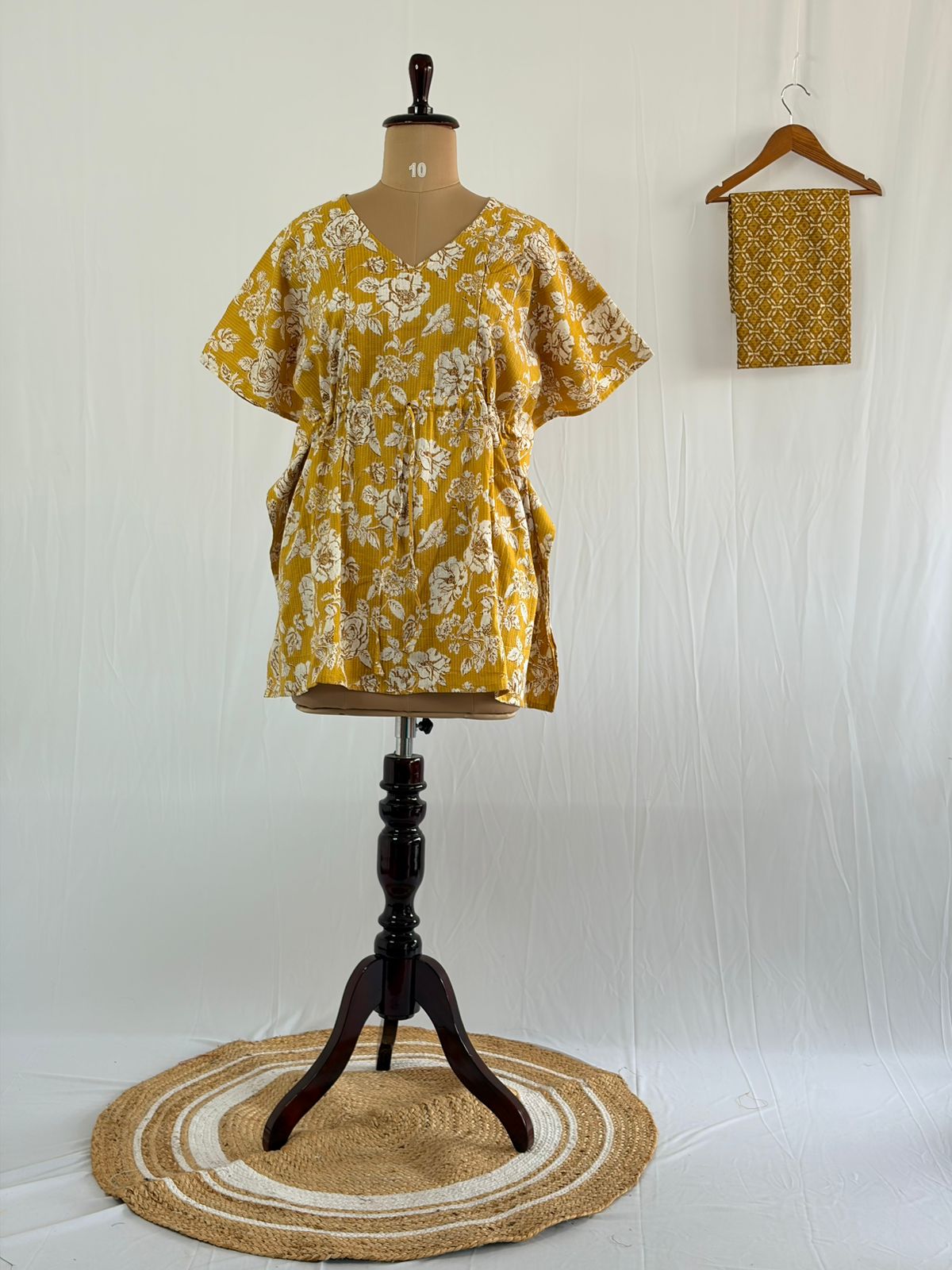Yellow Floral Printed Kantha Cotton Feeding Kaftan Loungewear Pyjama Set | Free Size