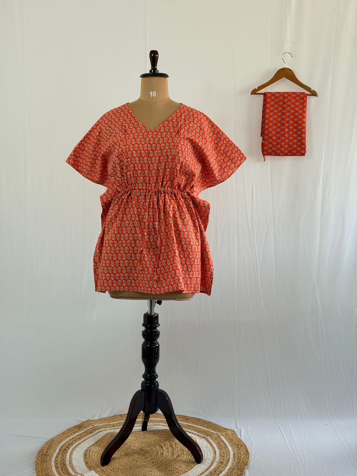 Orange Kalamkari Printed Kantha Cotton Feeding Kaftan Loungewear Pyjama Set | Free Size