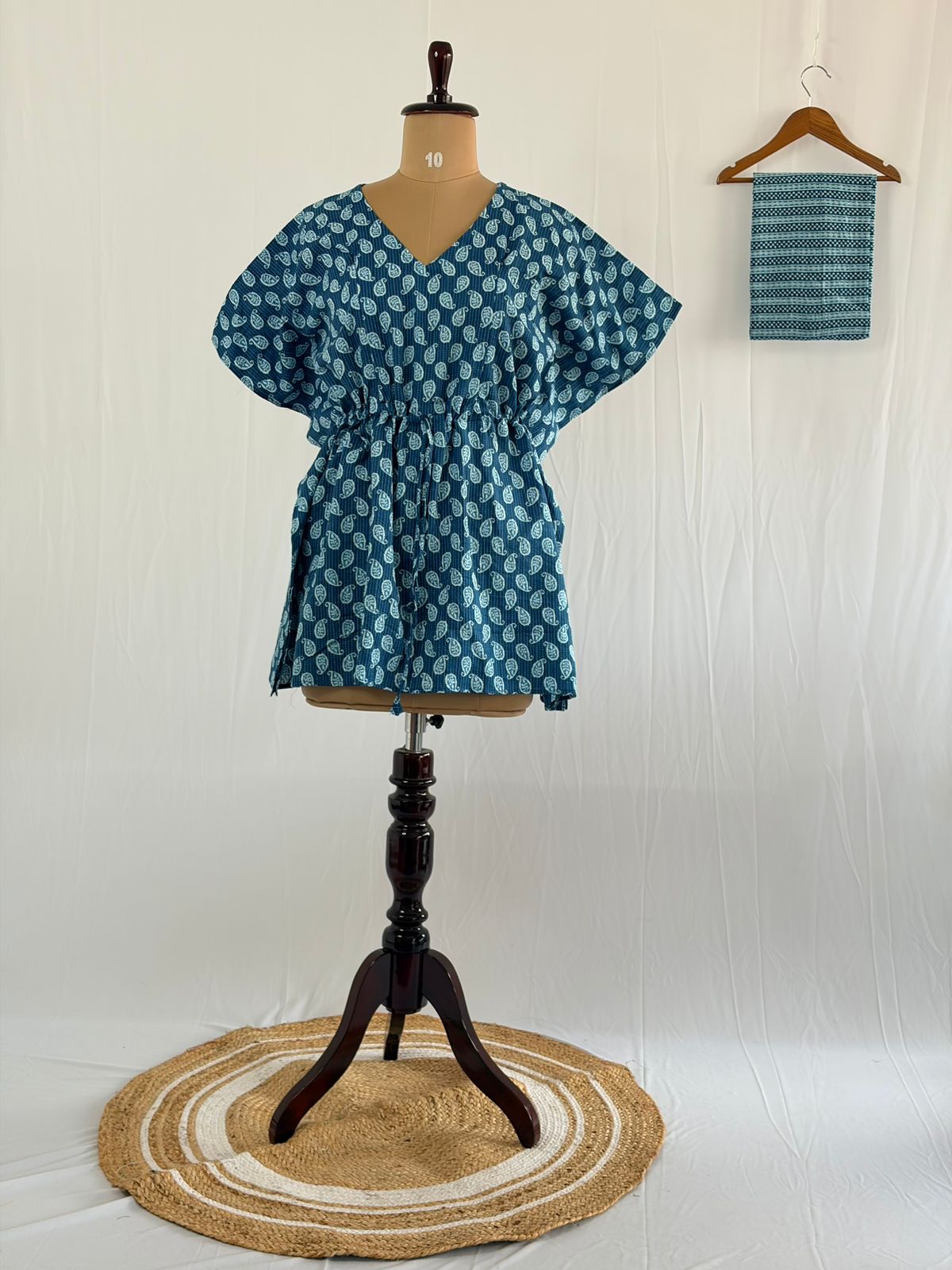 Blue Kalamkari Printed Kantha Cotton Feeding Kaftan Loungewear Pyjama Set | Free Size