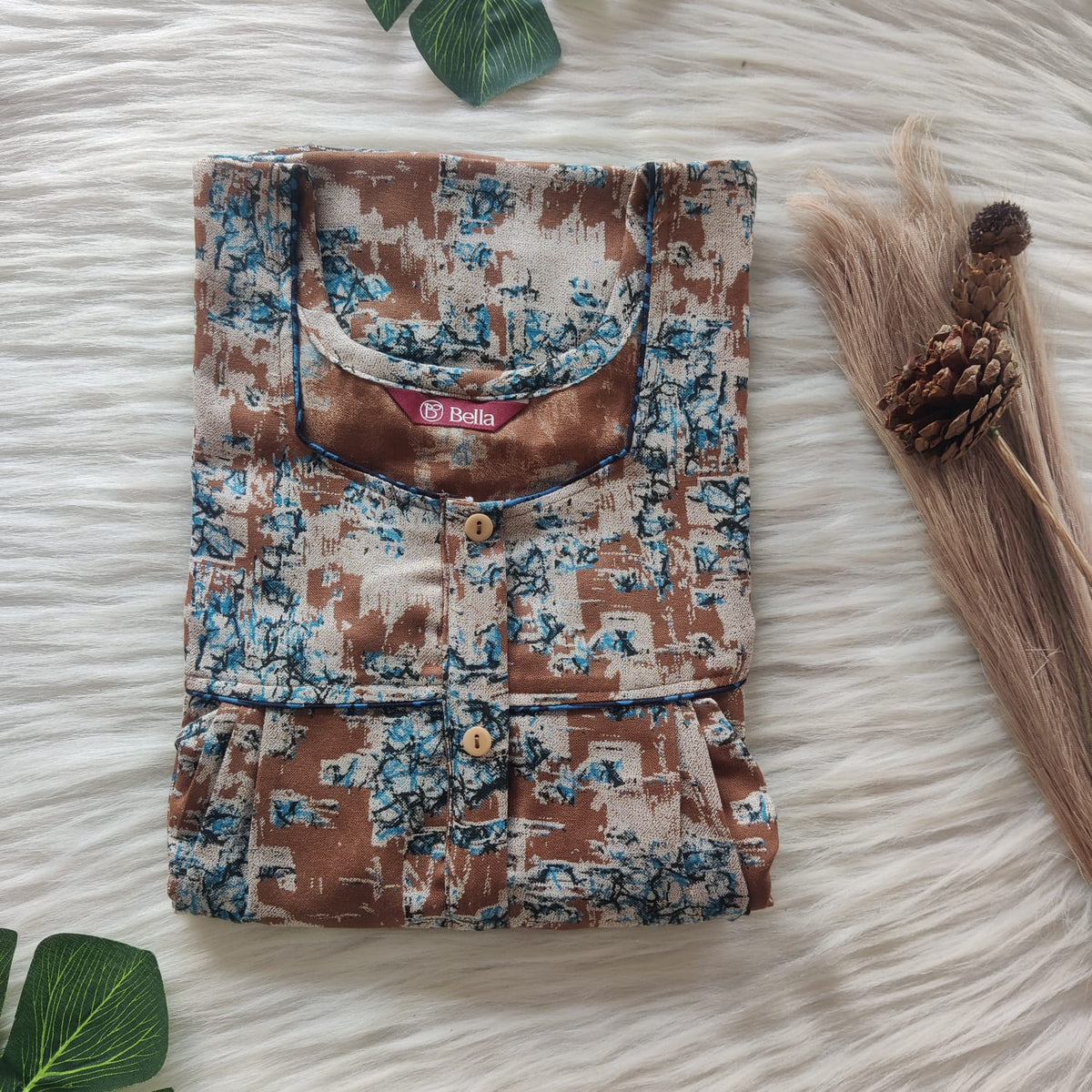 Brown Printed Alfine Button Zip Nighty | Free Size | Chest Width 44″| Length 54″-56″