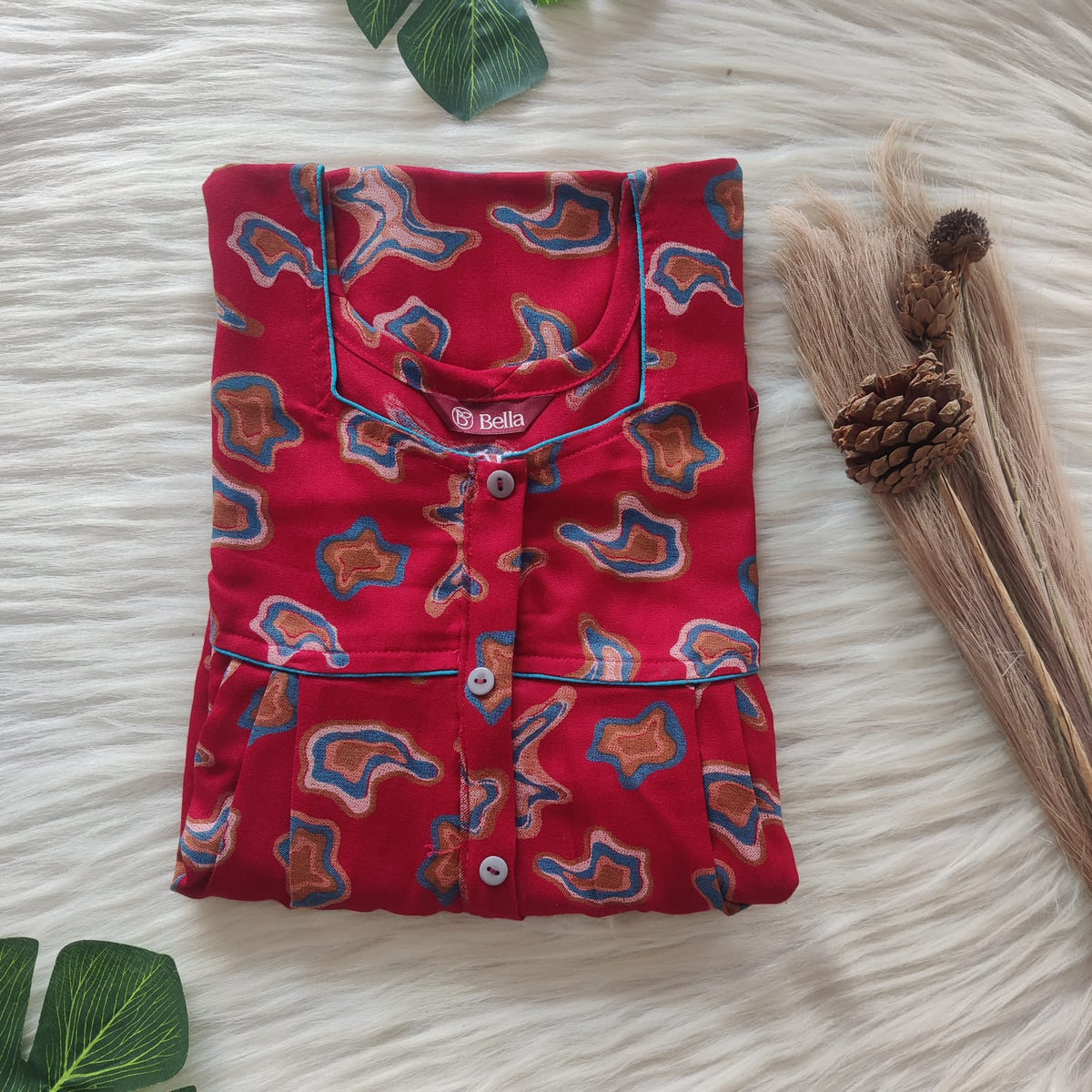 Brown Printed Red Alfine Button Zip Nighty | Free Size | Chest Width 44″| Length 54″-56″