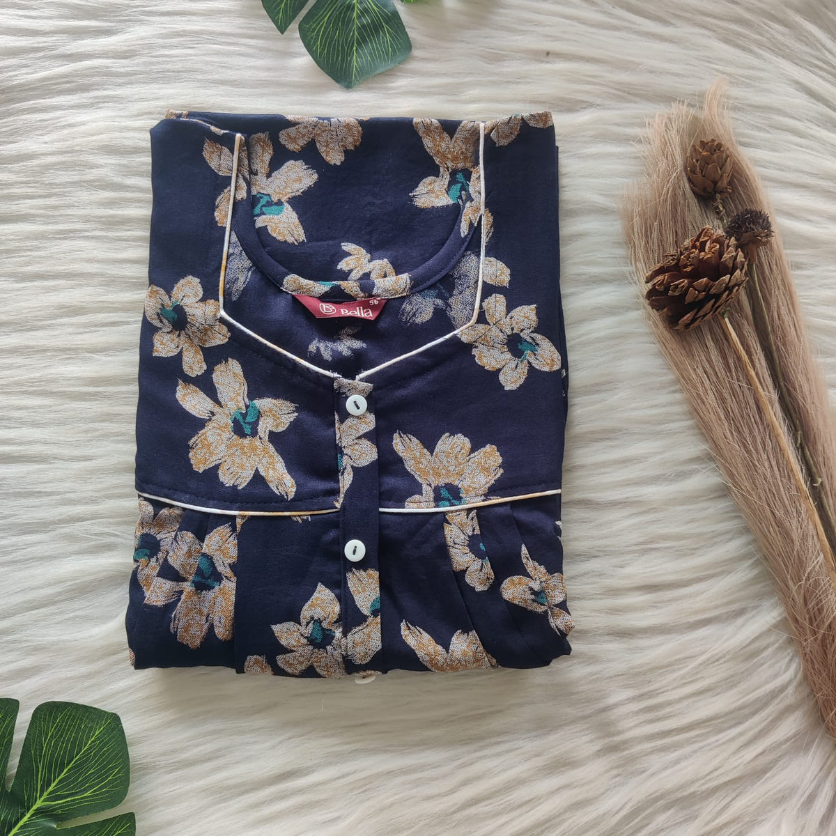 Yellow Floral Printed Navy Blue Alfine Button Zip Nighty | Free Size | Chest Width 44″| Length 54″-56″