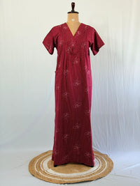 Maroon Floral Printed V-Neck Alfine Churidar Cut Nighty | Free Size | Chest Width 44″| Length 56″