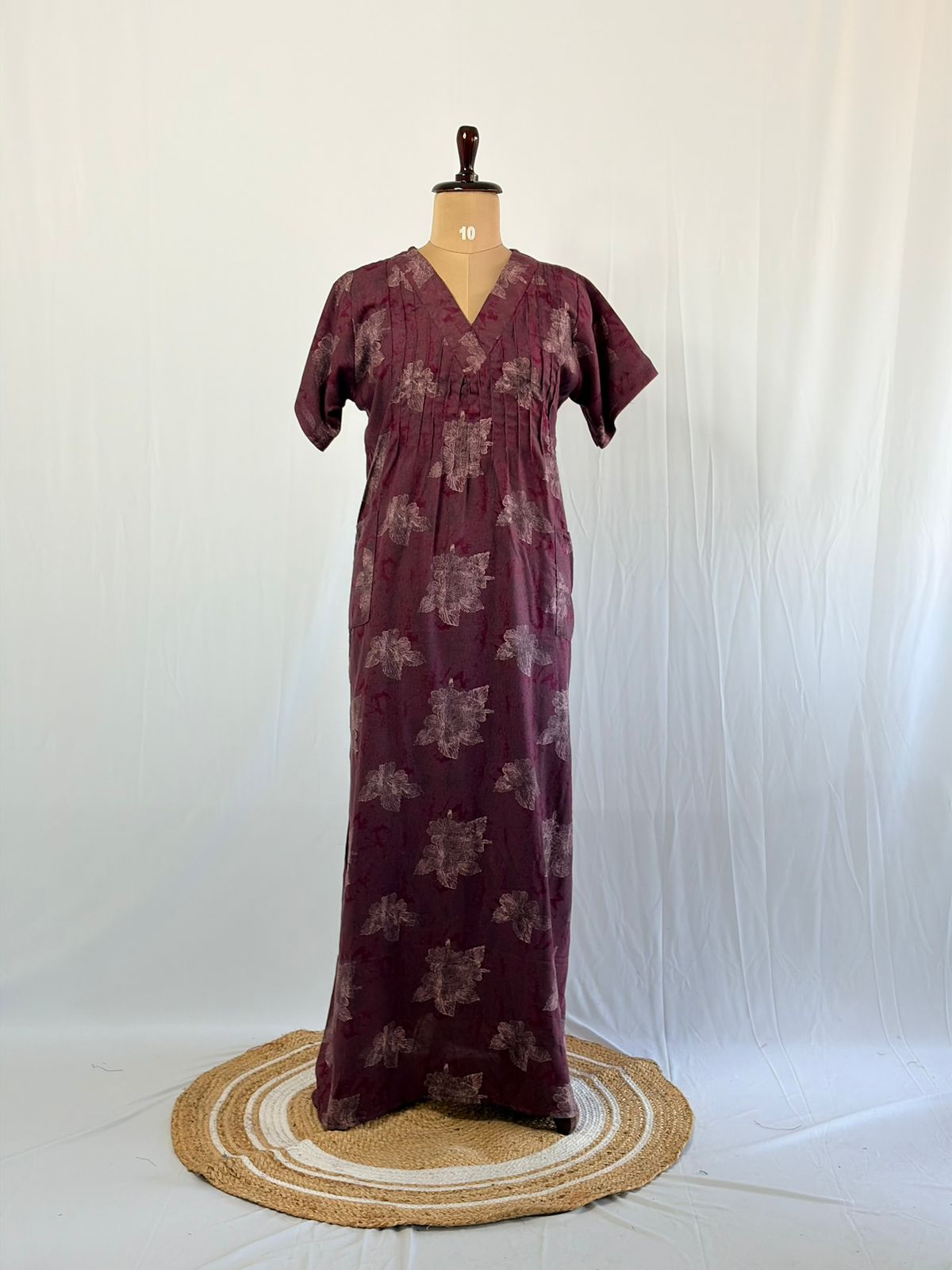 Purple Floral Printed V-Neck Alfine Churidar Cut Nighty | Free Size | Chest Width 44″| Length 56″