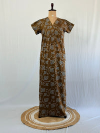 Brown Printed V-Neck Alfine Churidar Cut Nighty | Free Size | Chest Width 44″| Length 56″