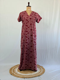 Maroon Printed V-Neck Alfine Churidar Cut Nighty | Free Size | Chest Width 44″| Length 56″
