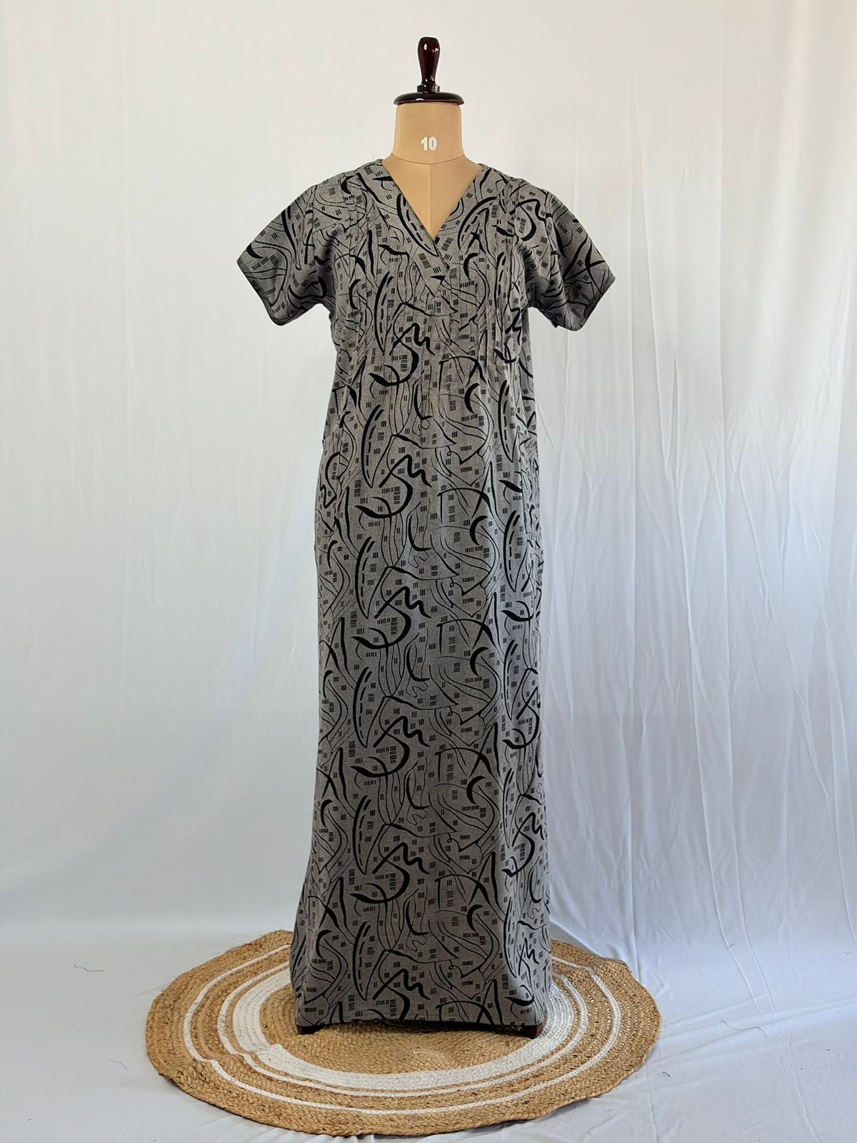 Black Printed V-Neck Alfine Churidar Cut Nighty | Free Size | Chest Width 44″| Length 56″