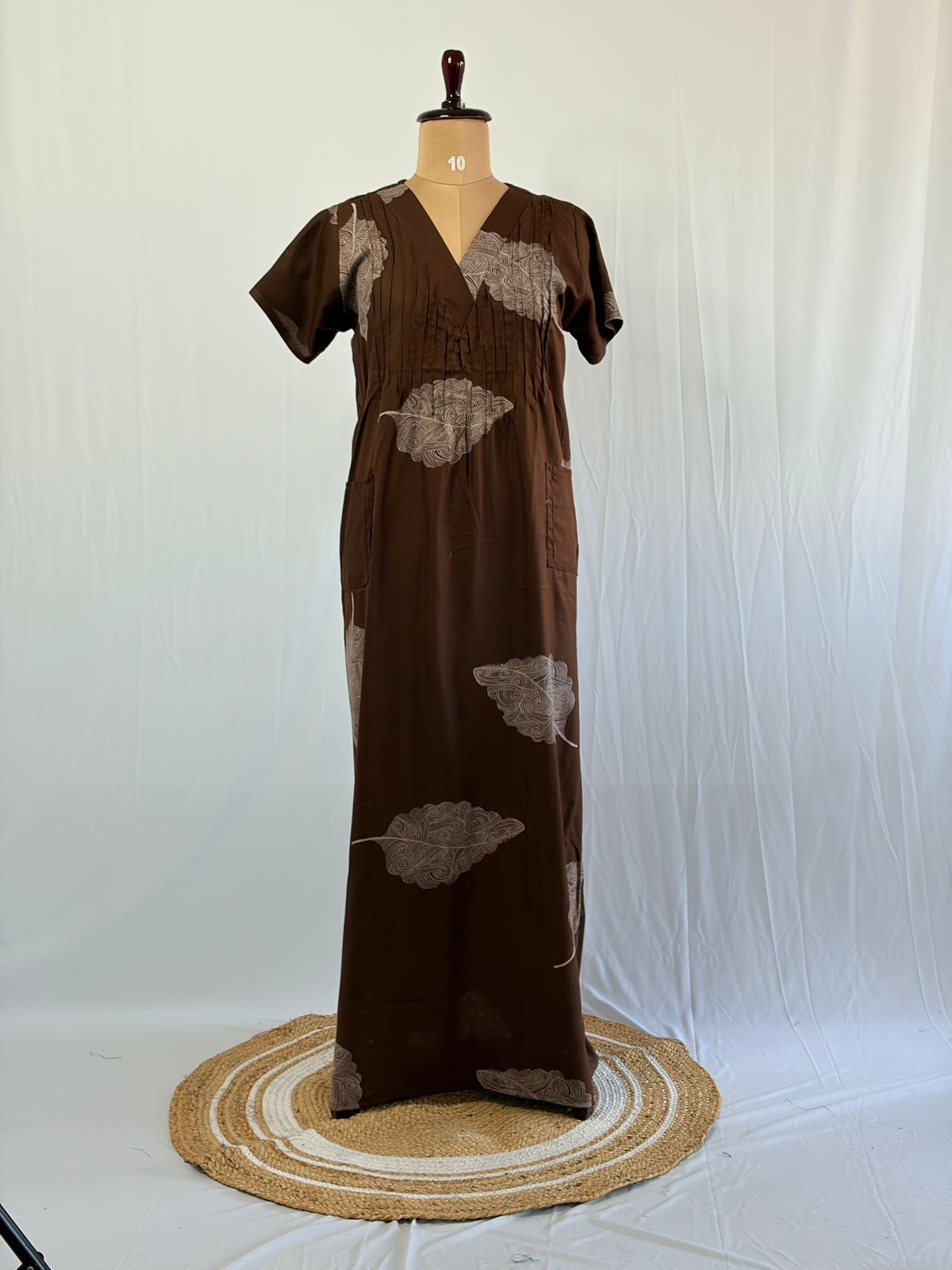 Coffee Brown Printed V-Neck Alfine Churidar Cut Nighty | Free Size | Chest Width 44″| Length 56″