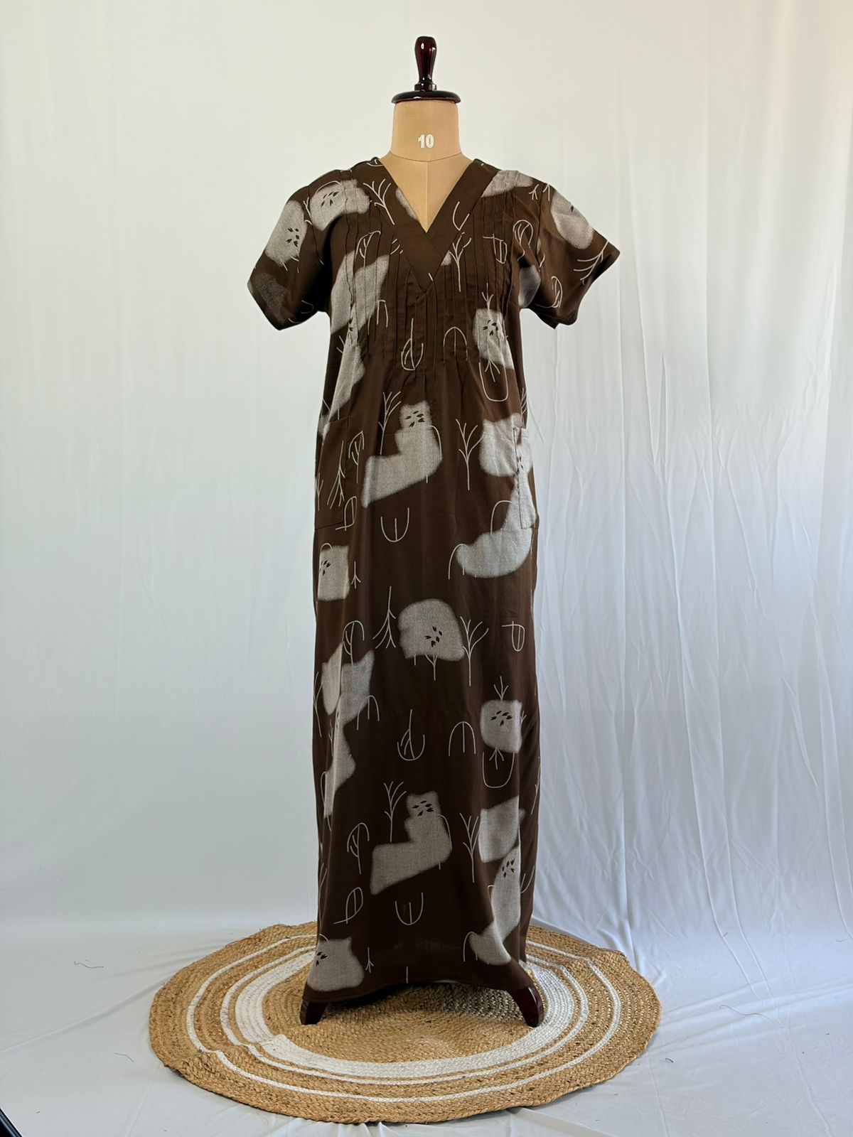 Brown And White Printed V-Neck Alfine Churidar Cut Nighty | Free Size | Chest Width 44″| Length 56″
