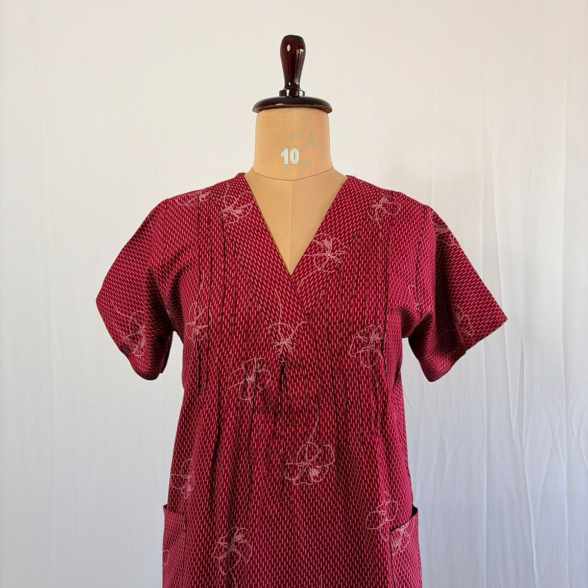 Maroon Floral Printed V-Neck Alfine Churidar Cut Nighty | Free Size | Chest Width 44″| Length 56″