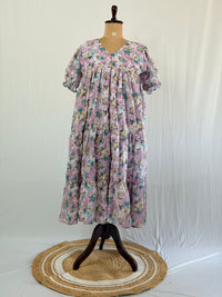 Lavender And Green Floral Hakoba Flared Feeding Gown With Single Centre Invisible Zip | Free Size | 46" length